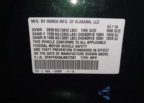 2018 Honda Pilot Exl из США, поврежденный, VIN 5FNYF6H56JB012581